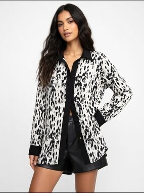 Calvin Klein Black & White Printed Button-Front Shirt Jacket ( Size:Medium )
